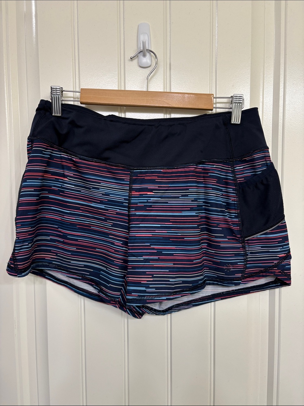 Athleta Navy Striped Athletic Shorts with Pink and Teal Accents